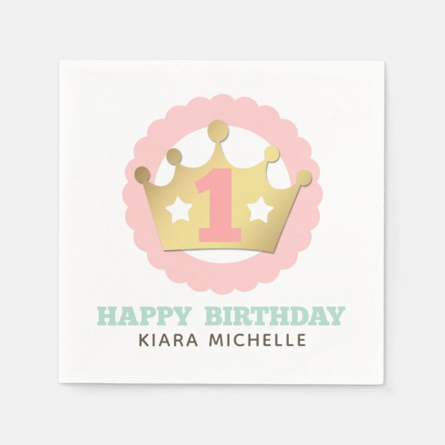 First Birthday Gold Princess Crown & Shabby Pink Napkins (Front)