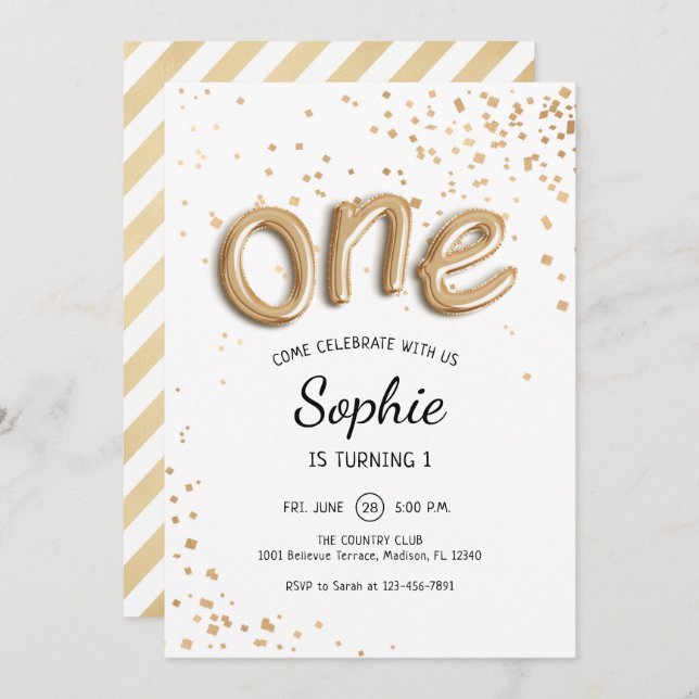 First Birthday - Gold White Invitation (Front/Back)