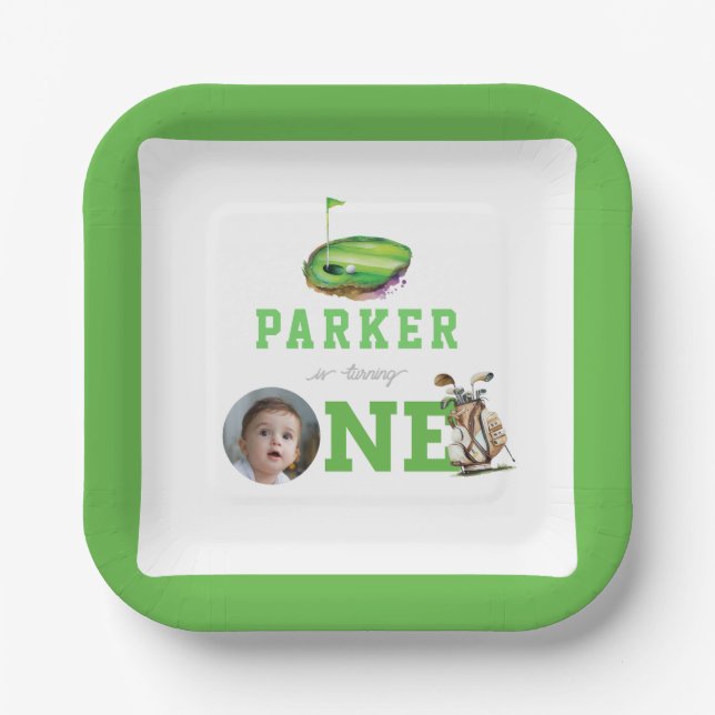 First Birthday Golf Partee Personalized Photo Paper Plates (Front)