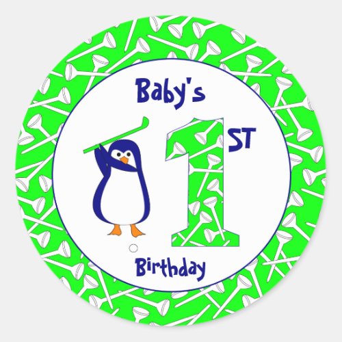 First Birthday Golfing Penguin Classic Round Sticker