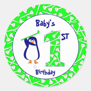 First Birthday Golfing Penguin Classic Round Sticker