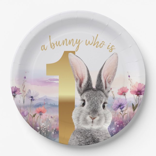 First Birthday Gray Rabbit with Wildflowers Paper Plates (Front)