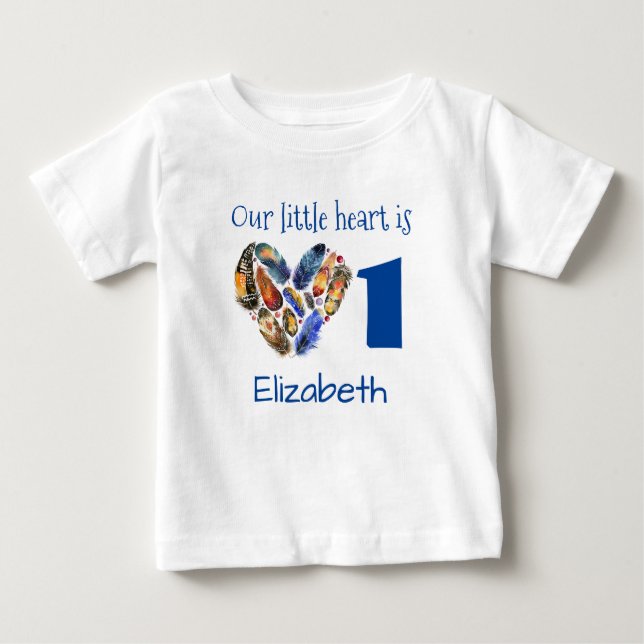 First Birthday Heart Made Of Feathers Personalized Baby T-Shirt (Front)