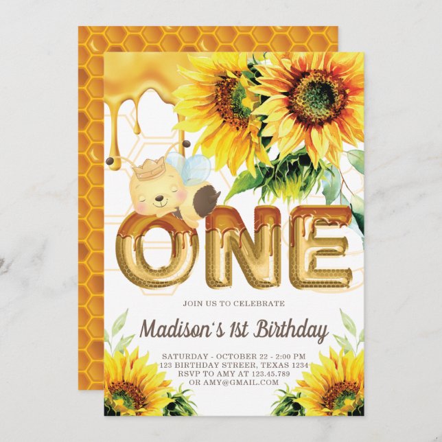 First Birthday Honey Bee Birthday Sunflower  Invitation (Front/Back)