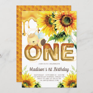 First Birthday Honey Bee Birthday Sunflower Invitation