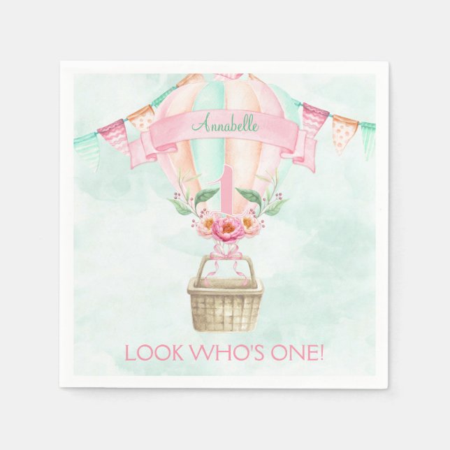 First Birthday Hot Air Balloon Mint Pink Peach Paper Napkins (Front)