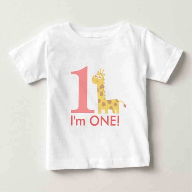 First Birthday, I'm One, Cute Giraffe Baby T-Shirt (Front)