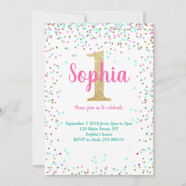 First Birthday Invitation 1st Invite Girl Confetti (Front)