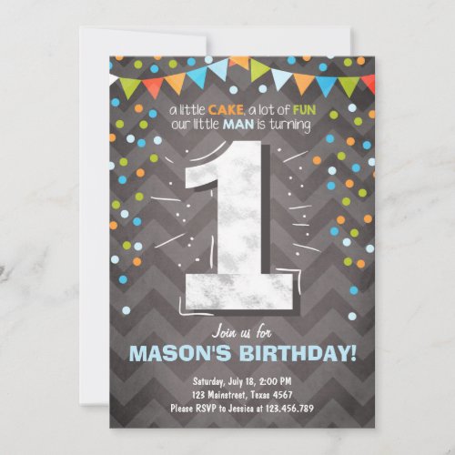 First Birthday Invitation boy One Chalk Green blue