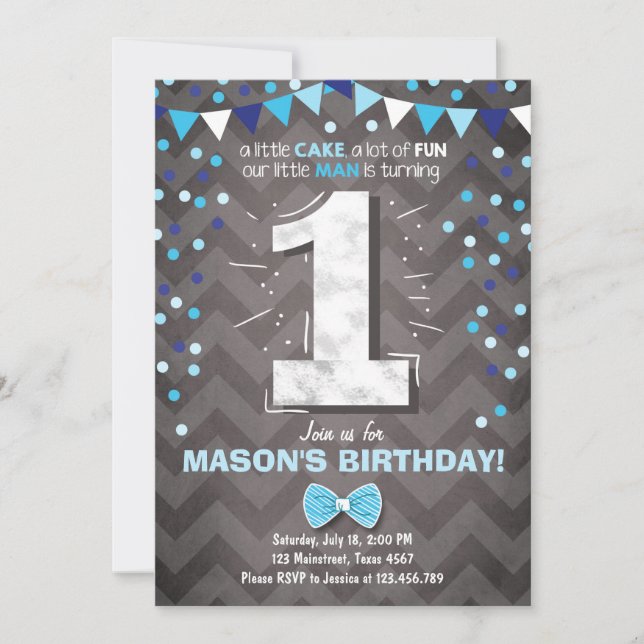 First Birthday Invitation boy One Navy Blue Bowtie (Front)