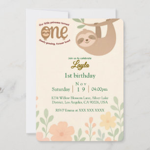 First Birthday Invitation Card – Cute Sloth & Gard