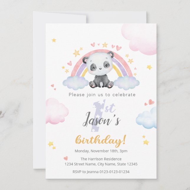 First Birthday Invitation - Cute Panda w/ Rainbow (Front)