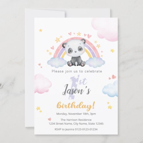 First Birthday Invitation _ Cute Panda w Rainbow