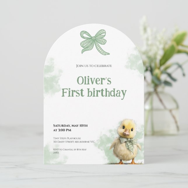 First Birthday Invitation Duck Bow Baby Birthday (Standing Front)