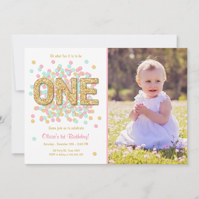 First birthday invitation Girl Pink Gold mint (Front)