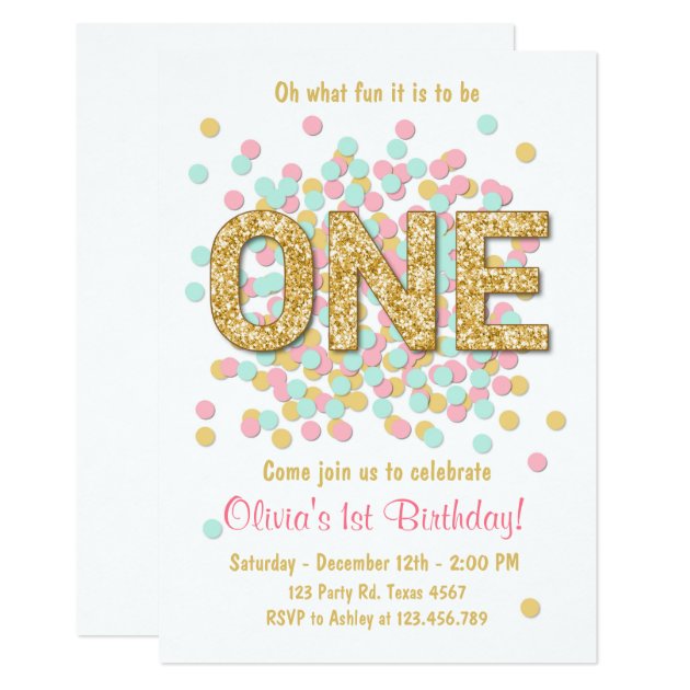 First Birthday Invitation Girl Pink Gold Mint