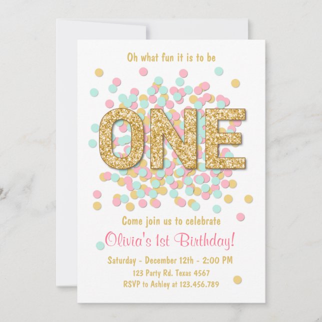 First birthday invitation Girl Pink Gold mint (Front)