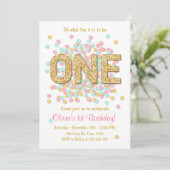 First birthday invitation Girl Pink Gold mint (Standing Front)