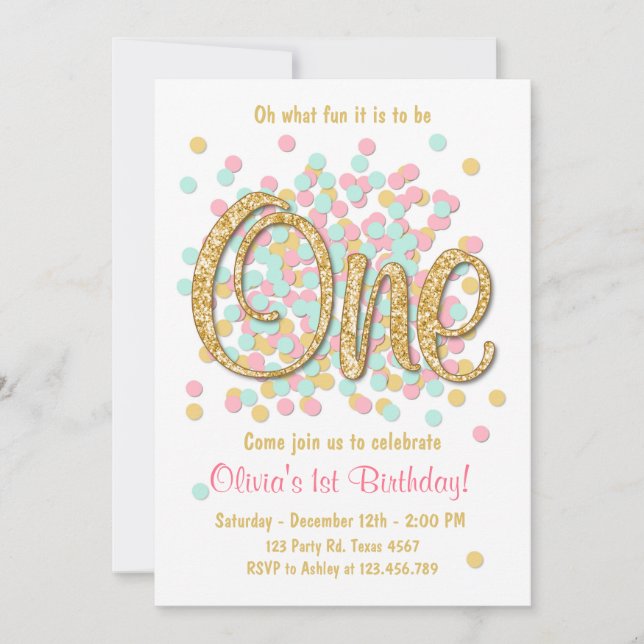 First birthday invitation Girl Pink Gold mint (Front)