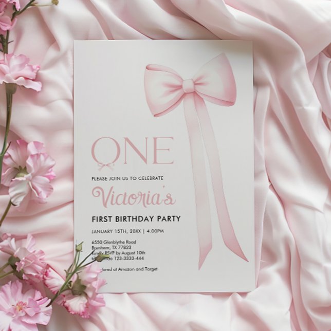 First Birthday Invitation, Pink Coquette Bow 1st Invitation (Creator Uploaded)