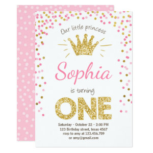 First birthday invitation Princess Gold Pink
