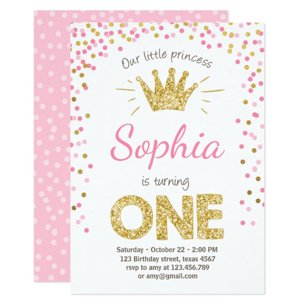 First Birthday Invitation Princess Gold Pink