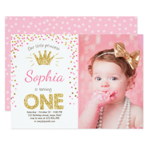 First birthday invitation Princess Gold Pink