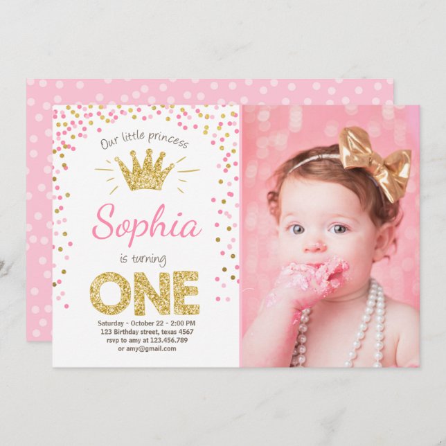 First birthday invitation Princess Gold Pink (Front/Back)