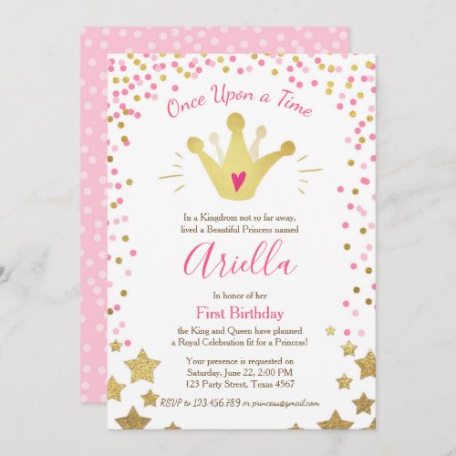 First birthday invitation Princess Gold Pink Crown