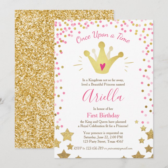 First birthday invitation Princess Gold Pink Crown (Front/Back)