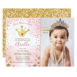First birthday invitation Princess Gold Pink Crown
