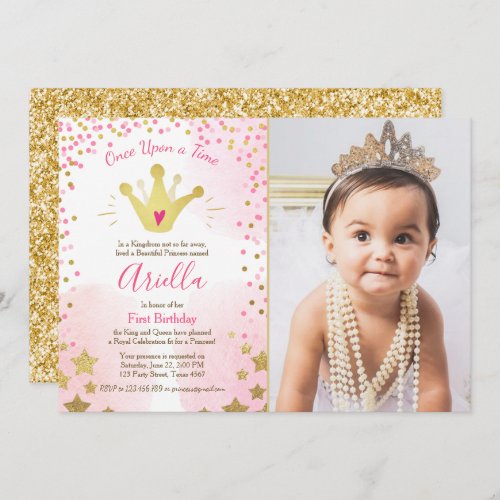 First birthday invitation Princess Gold Pink Crown