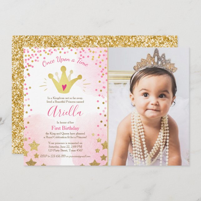 First birthday invitation Princess Gold Pink Crown (Front/Back)