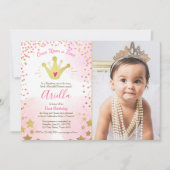 First birthday invitation Princess Gold Pink Crown (Front)