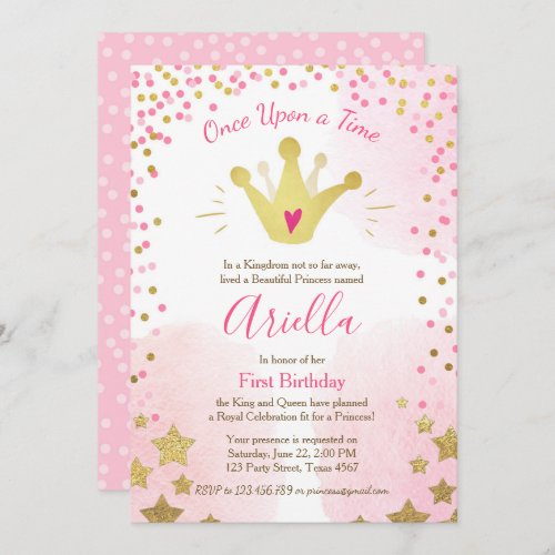 First birthday invitation Princess Gold Pink Crown