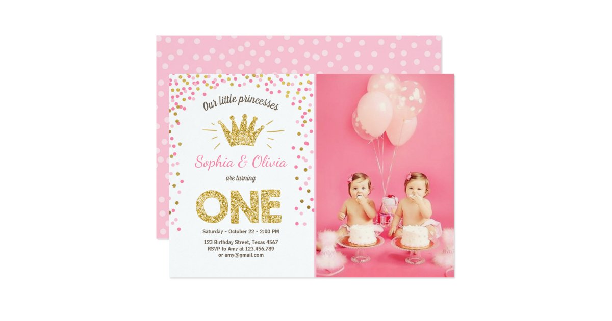 First Birthday Invitation Princess Gold Pink Twins Zazzle First Birthday Invitation Princess Gold Pink Twins Zazzle