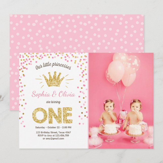 First birthday invitation Princess Gold Pink Twins (Front/Back)
