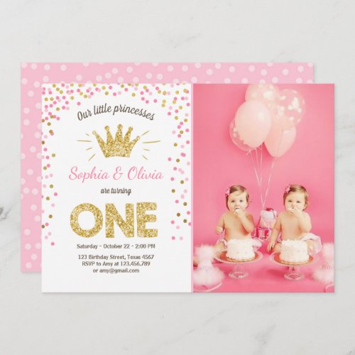 First birthday invitation Princess Gold Pink Twins
