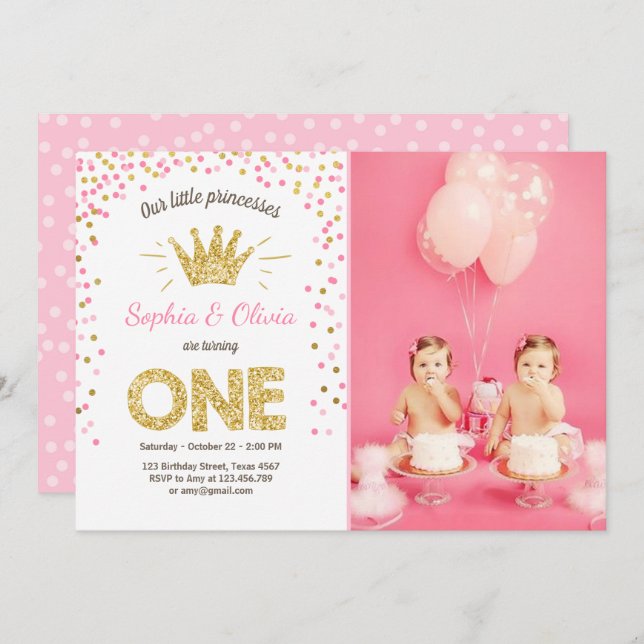 First birthday invitation Princess Gold Pink Twins (Front/Back)