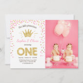 First birthday invitation Princess Gold Pink Twins (Front)