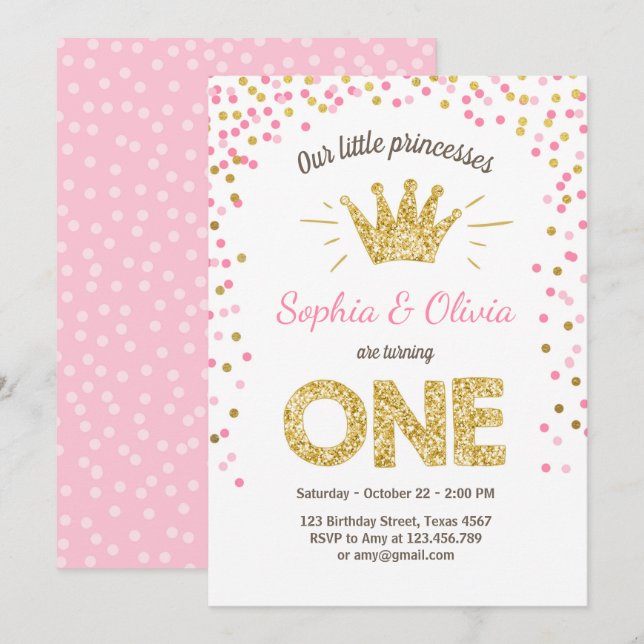 First birthday invitation Princess Gold Pink Twins (Front/Back)
