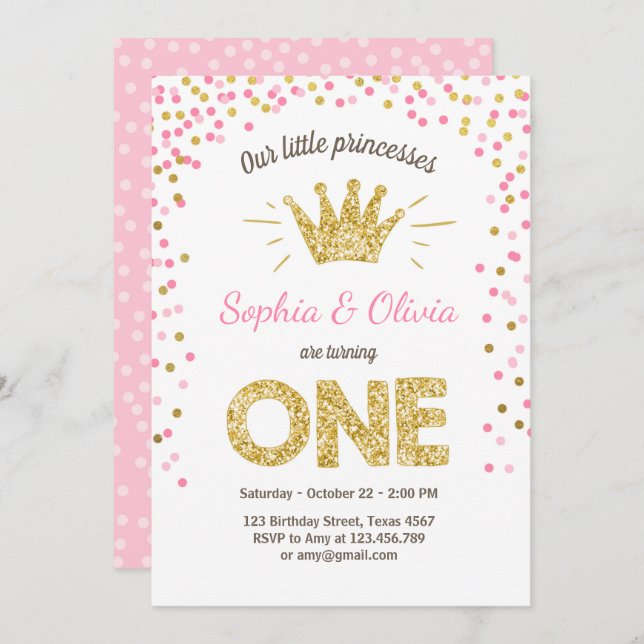 First birthday invitation Princess Gold Pink Twins (Front/Back)