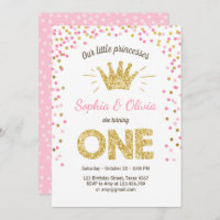 First birthday invitation Princess Gold Pink Twins