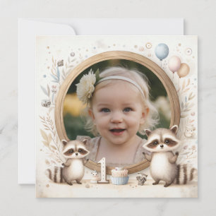 First Birthday Invitation Raccoon Frame for Photo