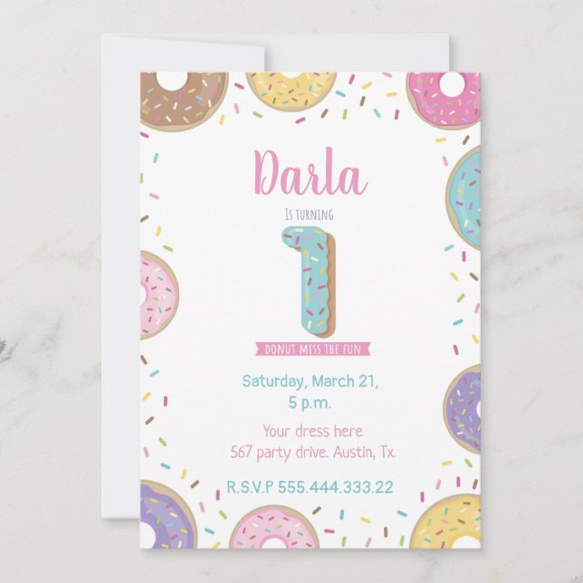 First Birthday invitation, sweet donut invitation (Front)