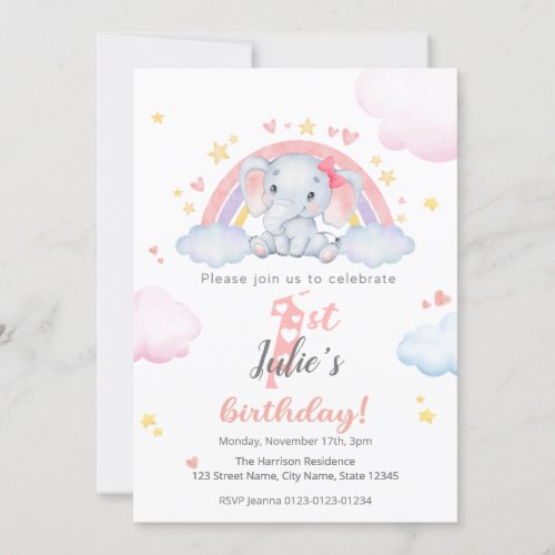 First Birthday Invitations _ Elephant w Rainbow