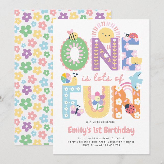 First Birthday Invite Girl, One is lots of Fun (Front/Back)