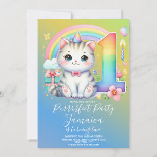 First Birthday Kitten Rainbow Party Invitation