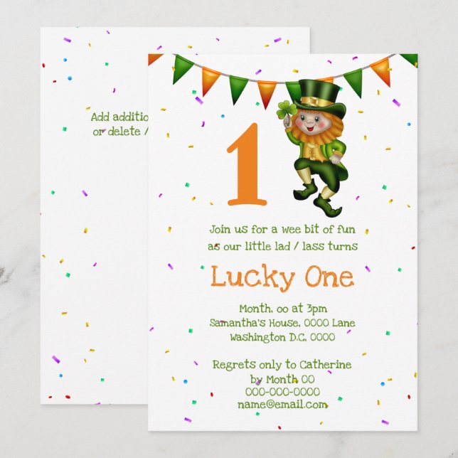 First birthday leprechaun lucky one clover Irish Invitation (Front/Back)