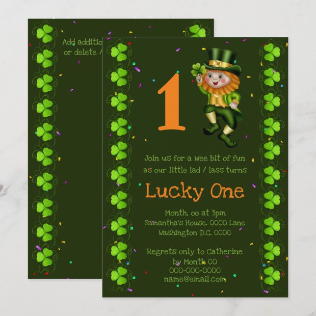 First birthday leprechaun lucky one shamrock Irish Invitation (Front/Back)